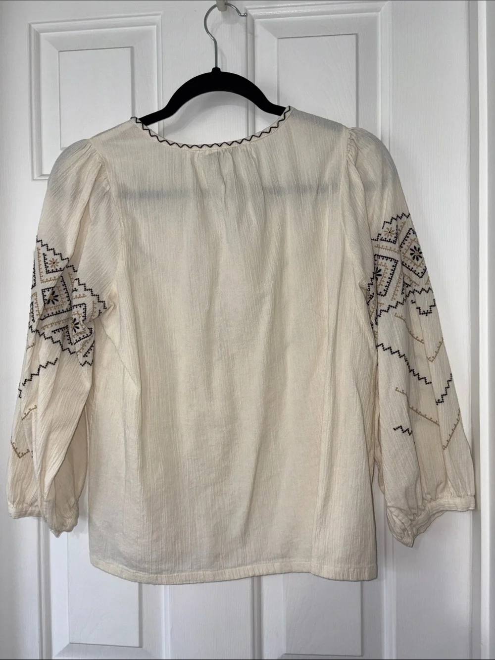 Madewell Embroidered Peasant Blouse - Cream with Black & Brown Stitching